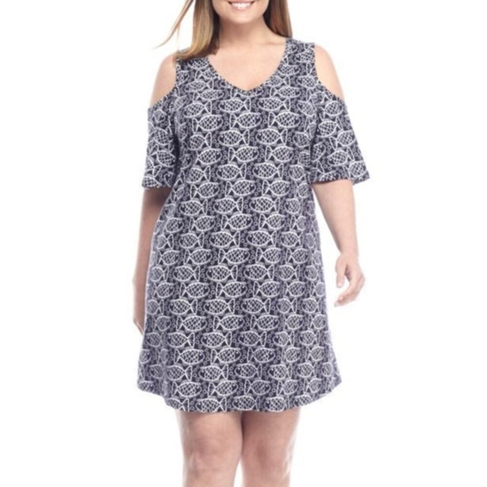 Crown & Ivy Fish Print Beach Dress 0X Navy White Coastal Tropical Cold Shoulder